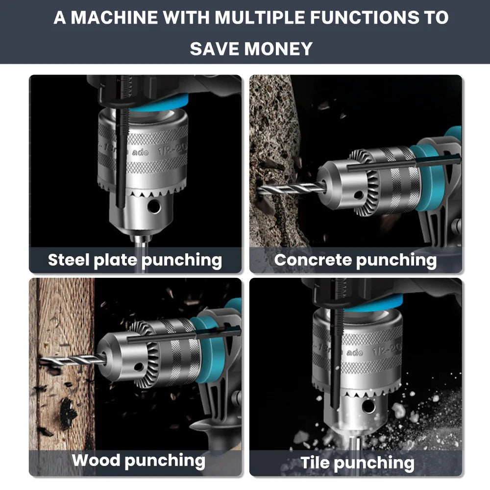 Blue Gun Type Electric Hammer Drill 1500W Load Power 710W Rated Power Variable Speed 1.5-13mm Chuck Multi-function Drilling Polishing Cutting Power Tool