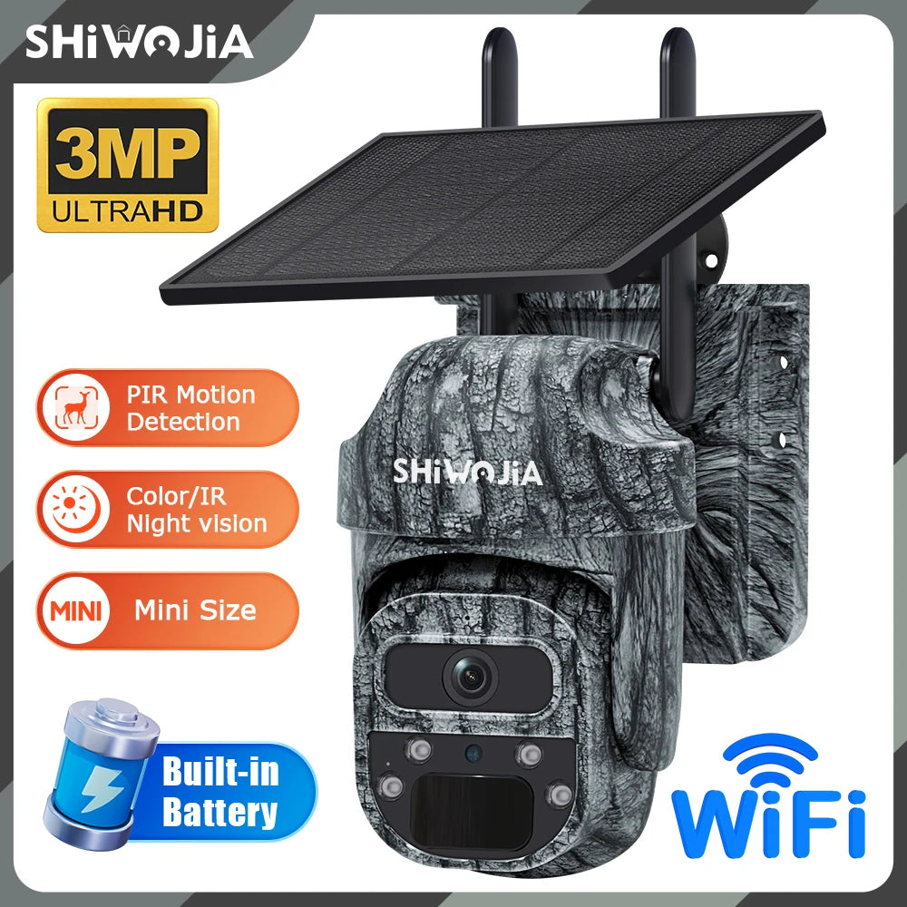 SHIWOJIA Mini PTZ Camouflage Solar Camera 4G WiFi IP65 Wide Angle AI Animal Detection Trail CCTV Security for Hunting Outdoor