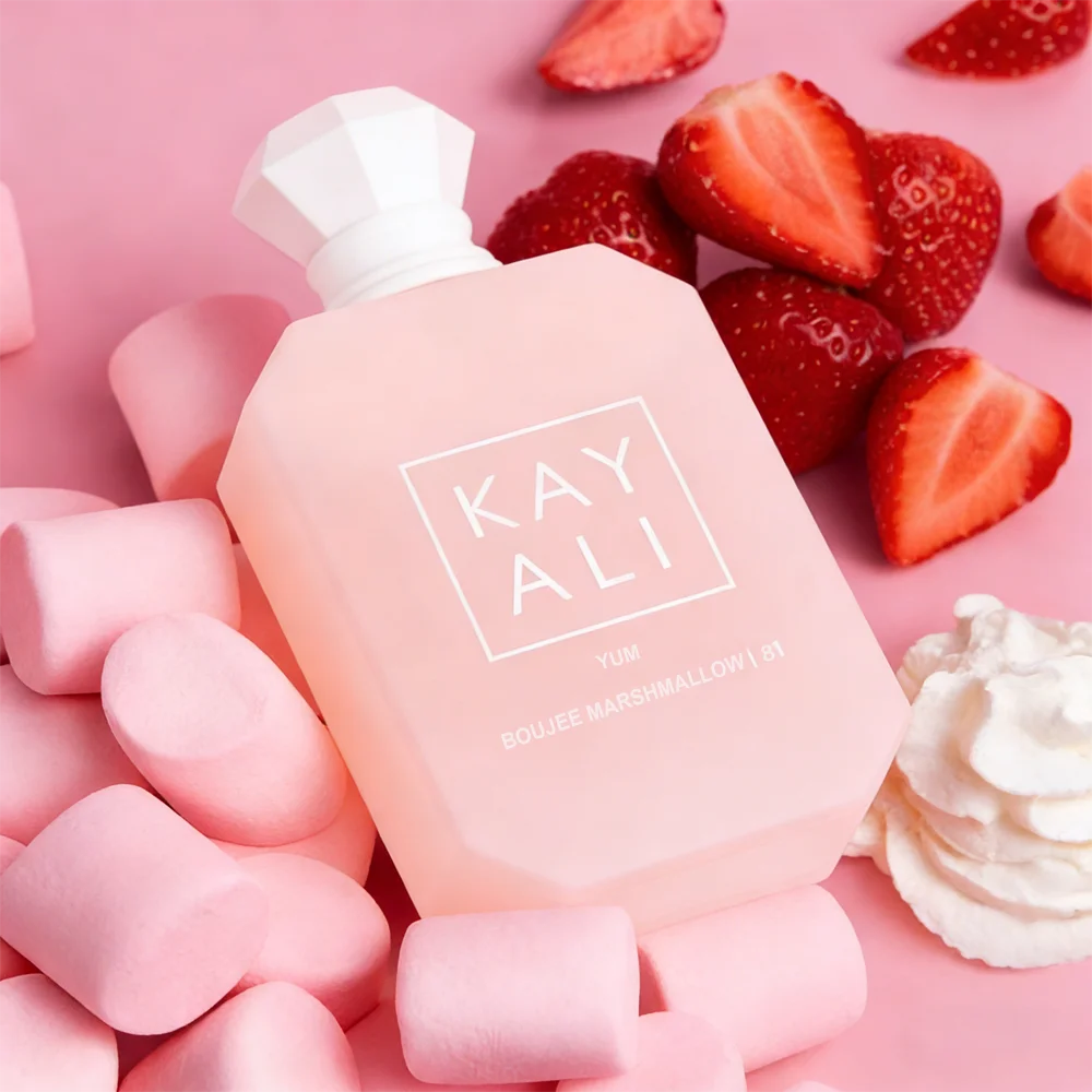 KAYALI Yum Boujee Marshmallow 81 EDP Intense: pink bottle, gourmand vanilla & strawberry perfume for women.