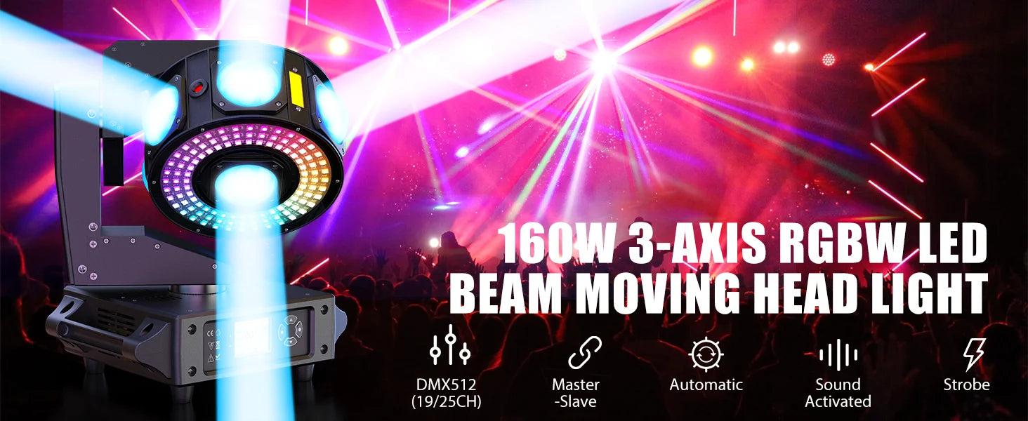 Fieryzeal 160W RGBW Beam Moving Head Light 3-Axis LED Stage Light 360 Rotation DMX Strobe Effect for DJ Disco Wedding Party