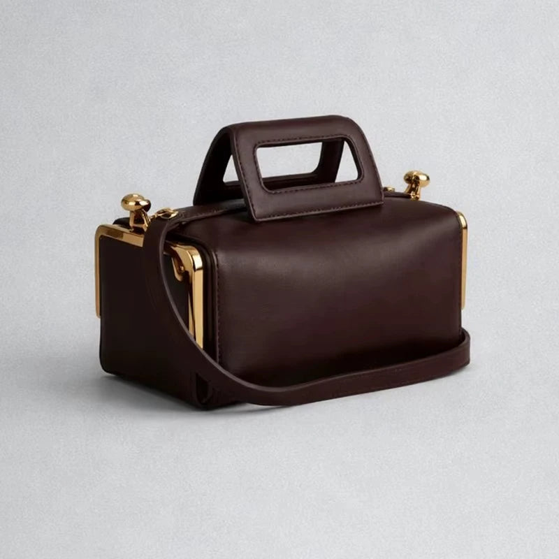 Dark brown retro PU leather designer handbag with gold clasp hardware, top handle, and structured pillow bag silhouette.