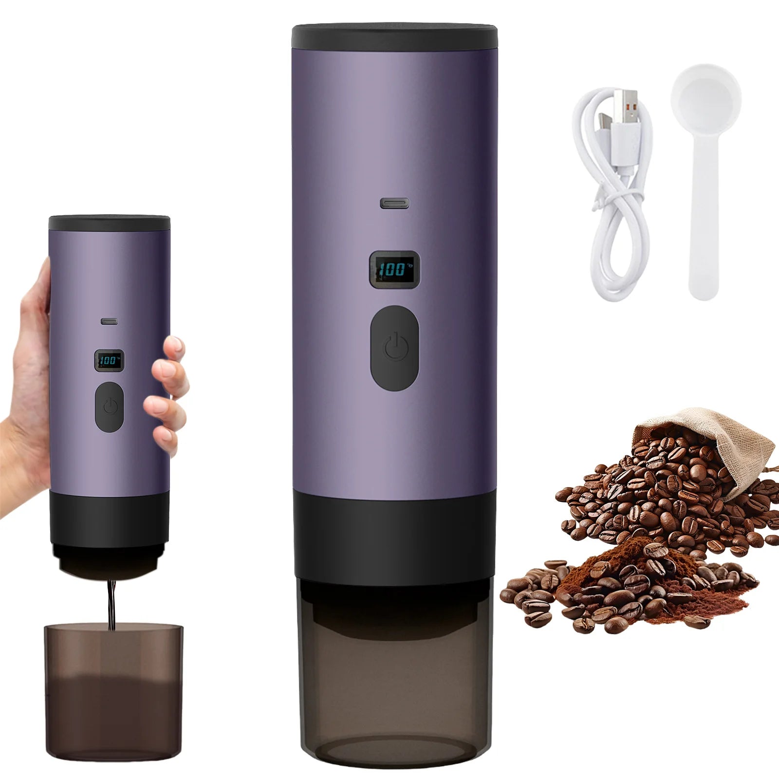 Portable purple electric coffee grinder with digital display, USB-C charging, and coffee scoop on white background.