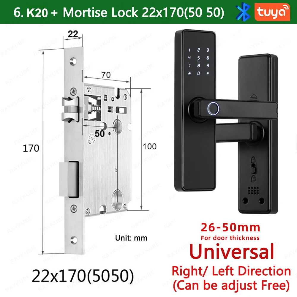 RAYKUBE K20 9-language Biometric Fingerprint Door Lock Electronic Door Lock with  Tuya APP/IC Card/Password/ Key Unlock