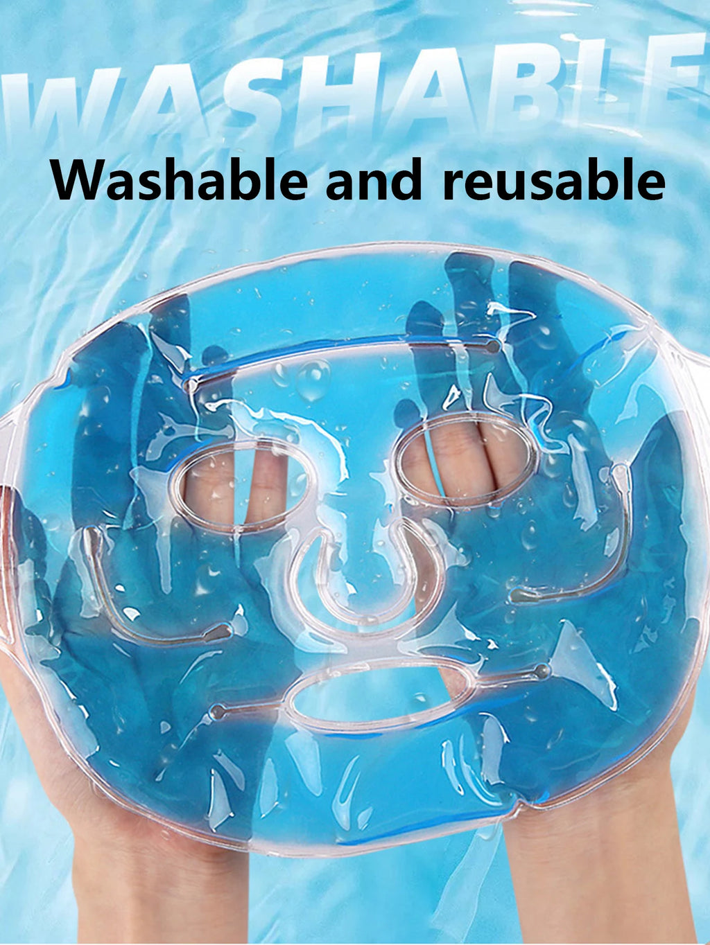 Hands holding a transparent, blue gel face mask for cooling or hot compress therapy.