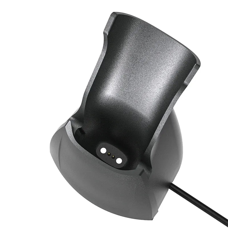 Barcode scanner charging base with two front indicator dots and charging slot