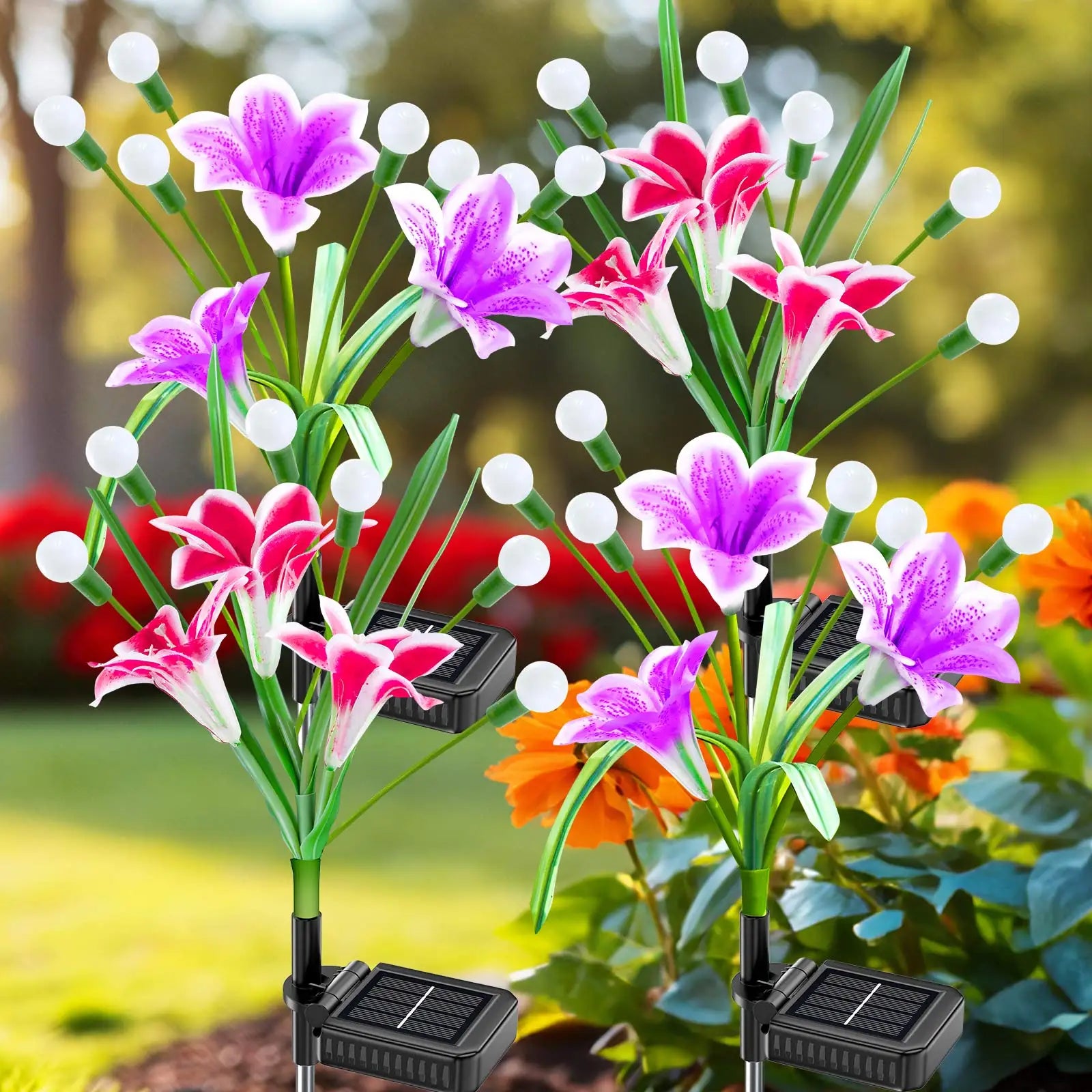 2/4 Pack Upgraded Solar Lights Outdoor Garden Decor:  Solar Firefly Swaying Light with Color Changing LED Lily, Waterproof Decorative Flowers for Yard Patio Pathway Lawn, Gardening Gifts for Women