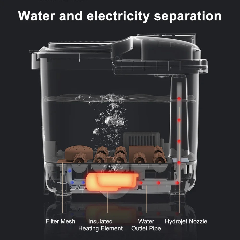 Clear, rectangular electric foot spa basin with internal massage rollers, heating element, and water circulation system.
