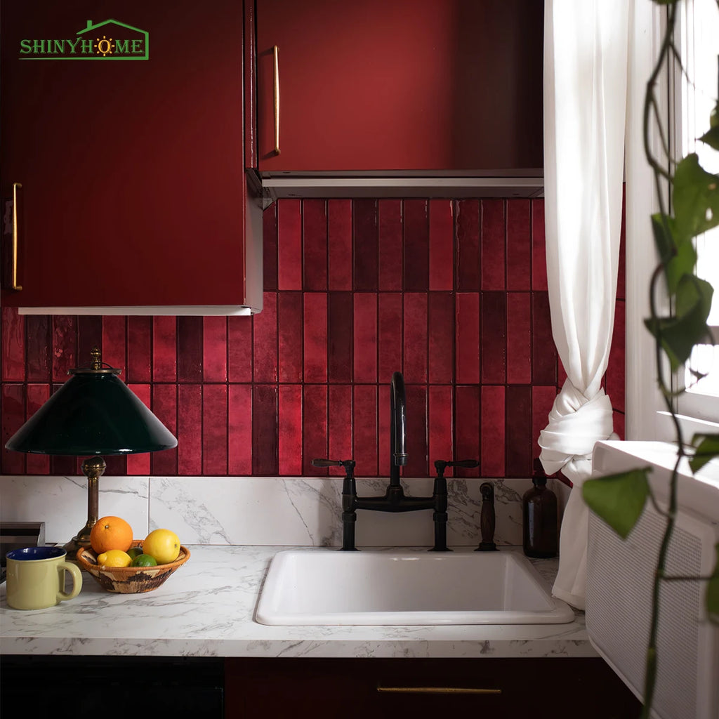1/5/10/30 PC Burgundy 3D Peel and Stick Backsplash 11.4" x 9" Self Adhesive Tile for Kitchen Bathroom Wall Tiles DIY Wall Decor