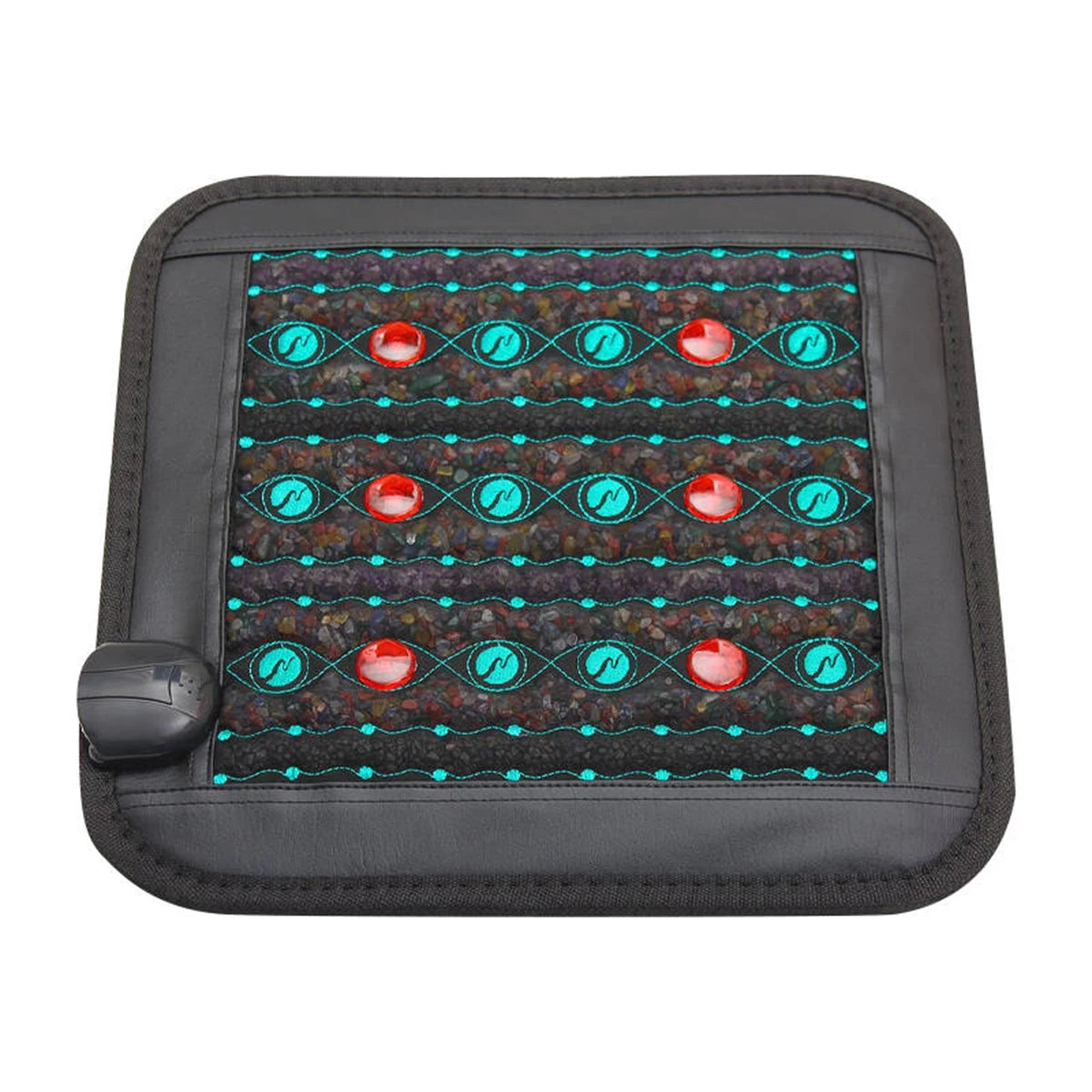 Square infrared heating pad with black trim, embedded red crystal stones, and teal embroidery for therapeutic relief.