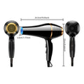 Black professional negative ion hair dryer with gold accents, showing compact dimensions and speed settings.