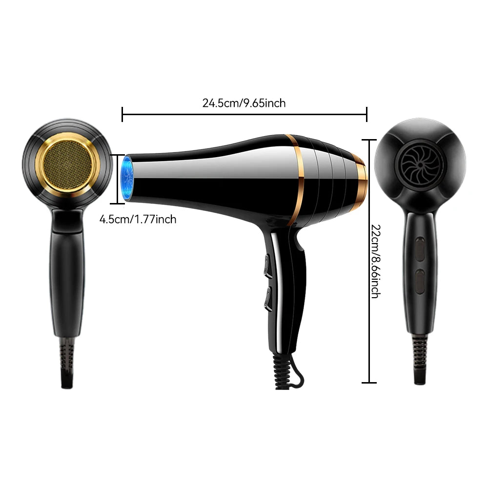 Black professional negative ion hair dryer with gold accents, showing compact dimensions and speed settings.