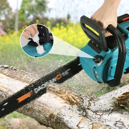 Teal cordless chainsaw cutting through wood, black chain and guide bar visible
