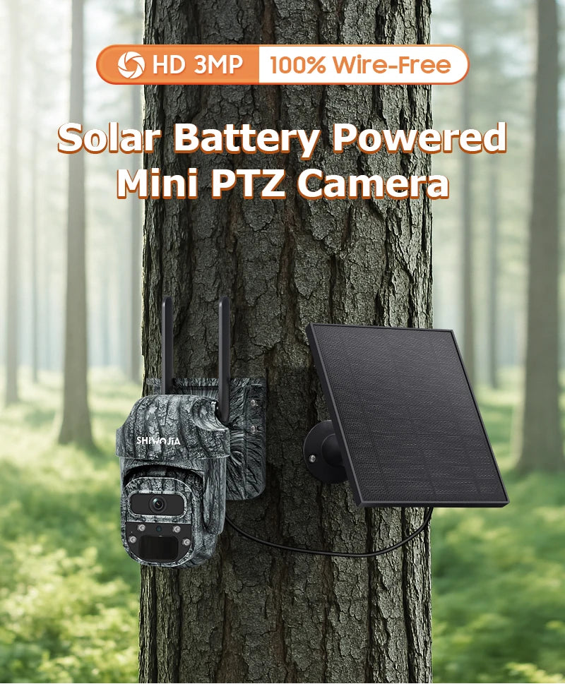 SHIWOJIA Mini PTZ Camouflage Solar Camera 4G WiFi IP65 Wide Angle AI Animal Detection Trail CCTV Security for Hunting Outdoor