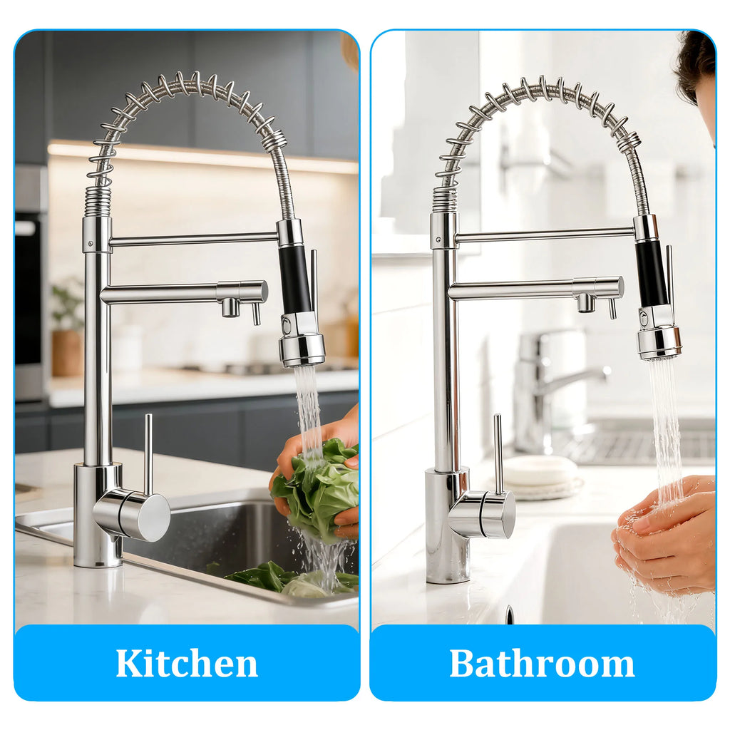 Multi-Function Pull-out Kitchen Sink Faucet, Full Dual-Direction Rotatable Swivel Spout, Premium Kitchen Mixer Faucet with Stable Hot and Cold Water Mixing, Detachable Pull Down Spray Head Kitchen Tap for Household Kitchen Us