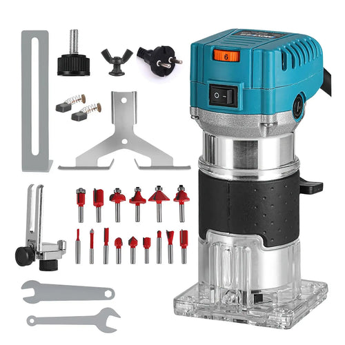Teal electric wood router trimmer with transparent base and included milling bit accessories