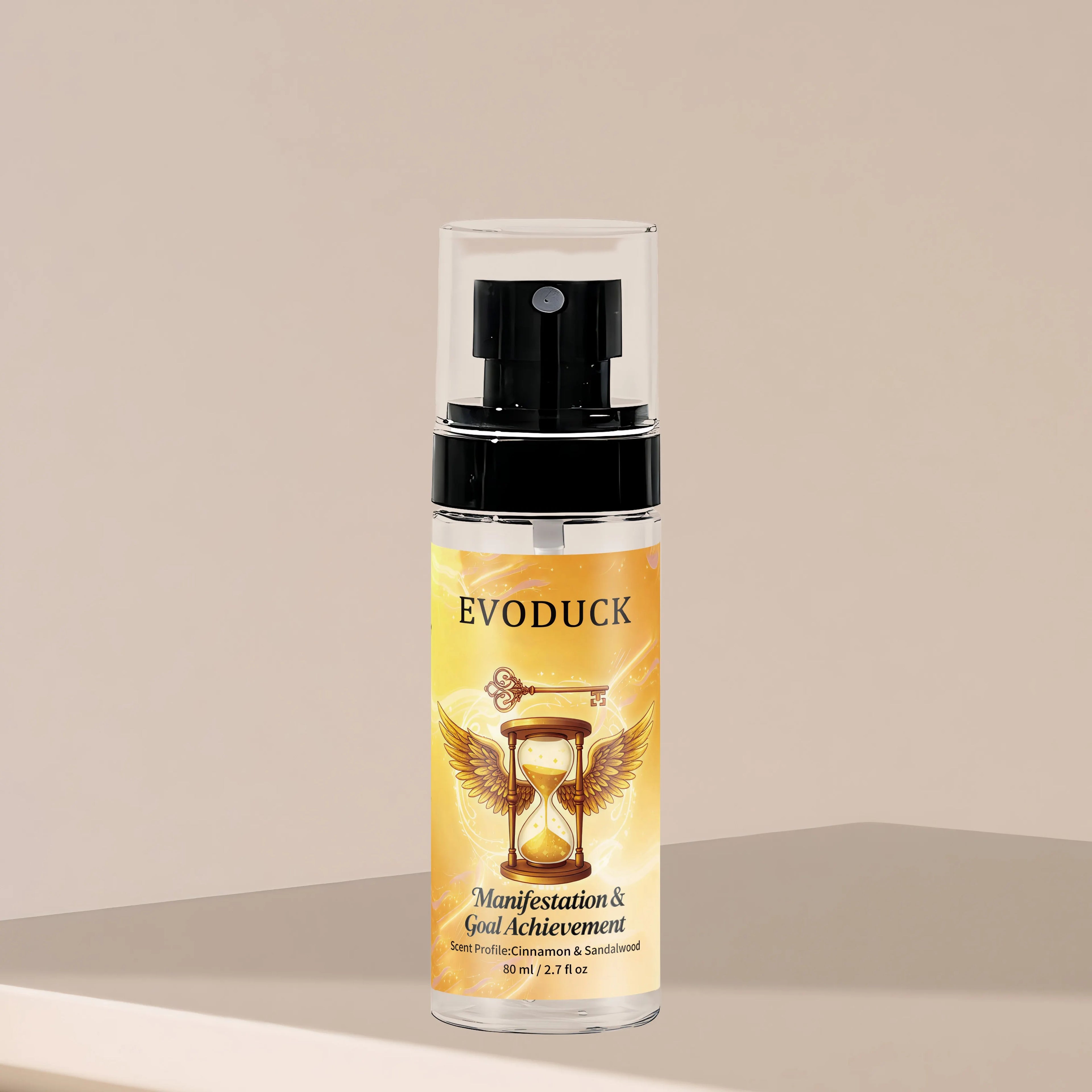 Evoduck Cinnamon & Sandalwood body spray for women in a 2.7 oz travel-size cylindrical pump bottle. Long-lasting scent.