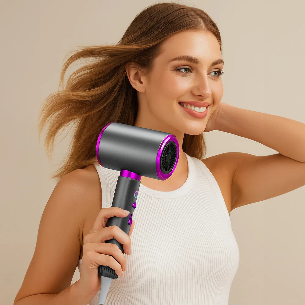 Woman using a 2400W professional high-speed grey and purple hair dryer for fast, ionic styling and quick drying.