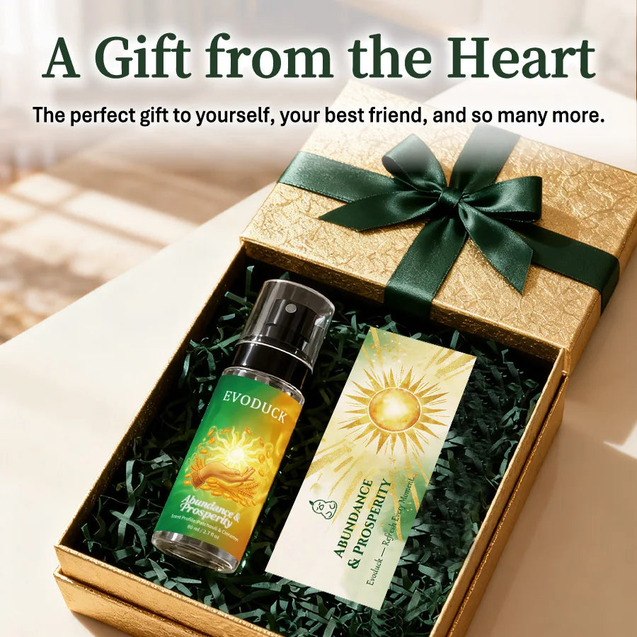 Evoduck Abundance & Prosperity 2.7oz body spray for women. Patchouli & cinnamon travel-size fragrance mist gift set.