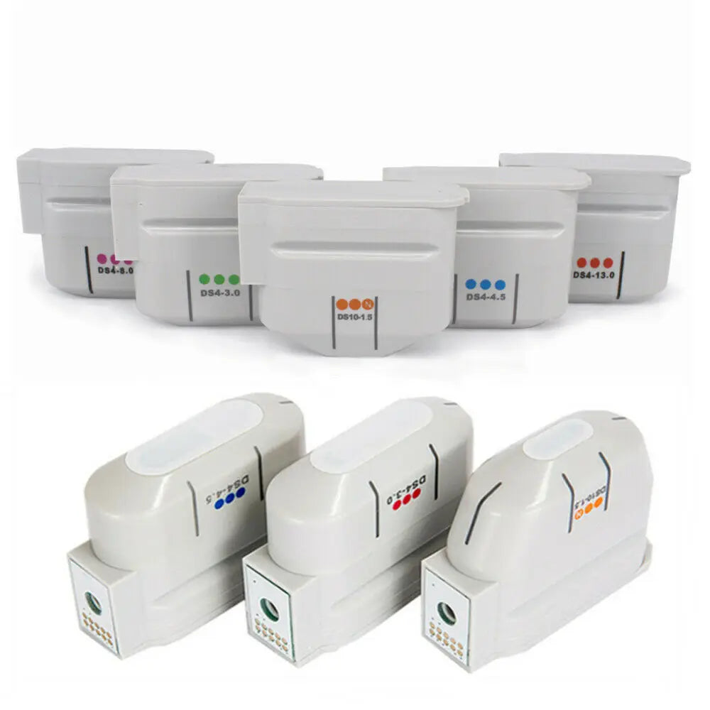 White HIFU cartridges with 1.5mm to 13mm depths for facial and body skin tightening and anti-aging treatments.