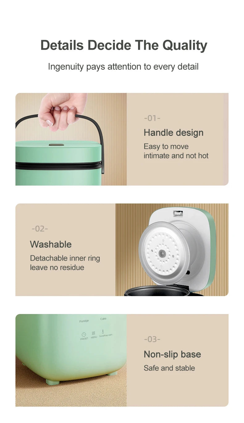 Mint-green mini rice cooker details: top handle, removable inner ring, non-slip base