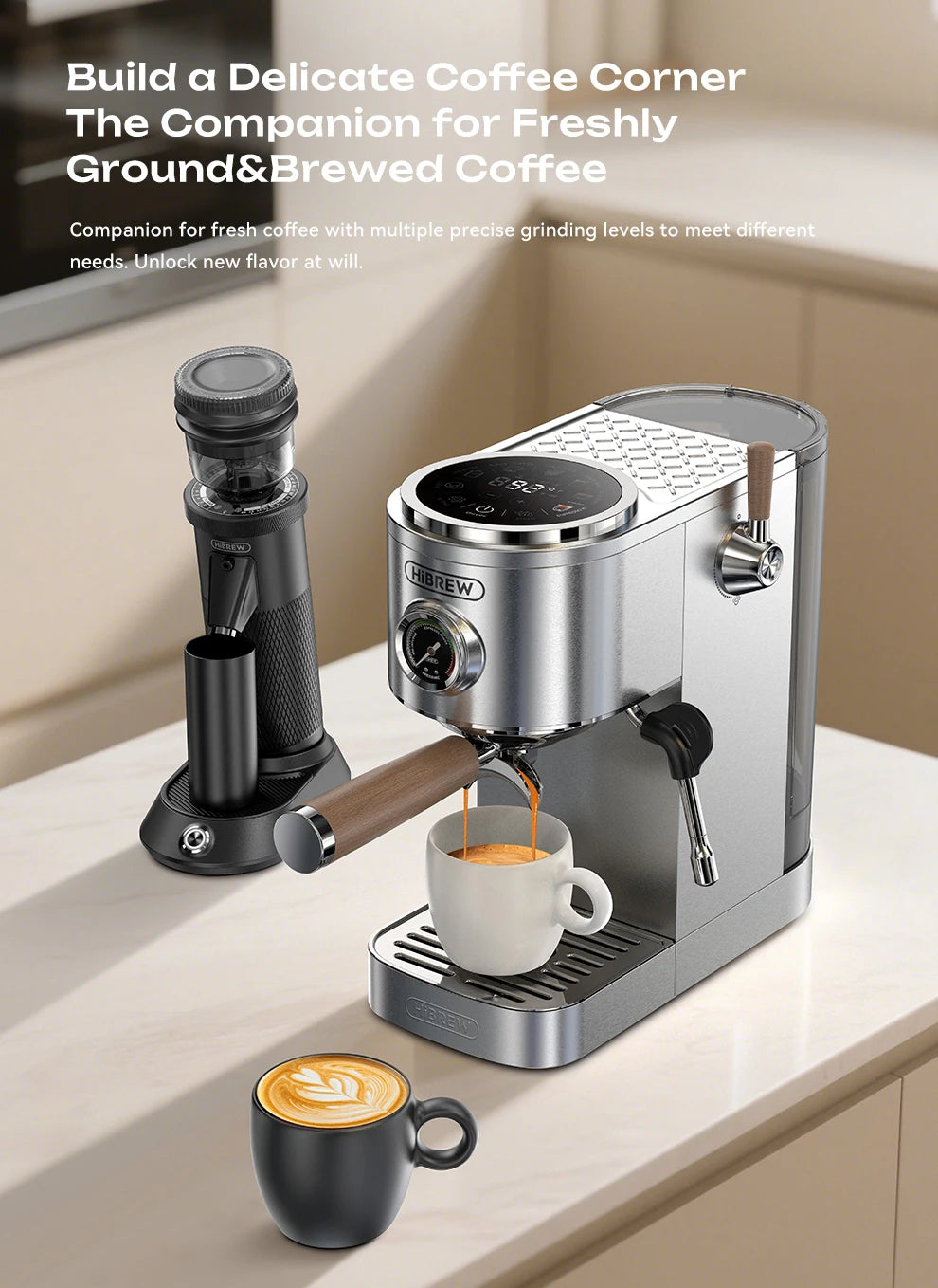HiBREW stainless steel espresso machine and grinder set with digital display and wood handle portafilter.