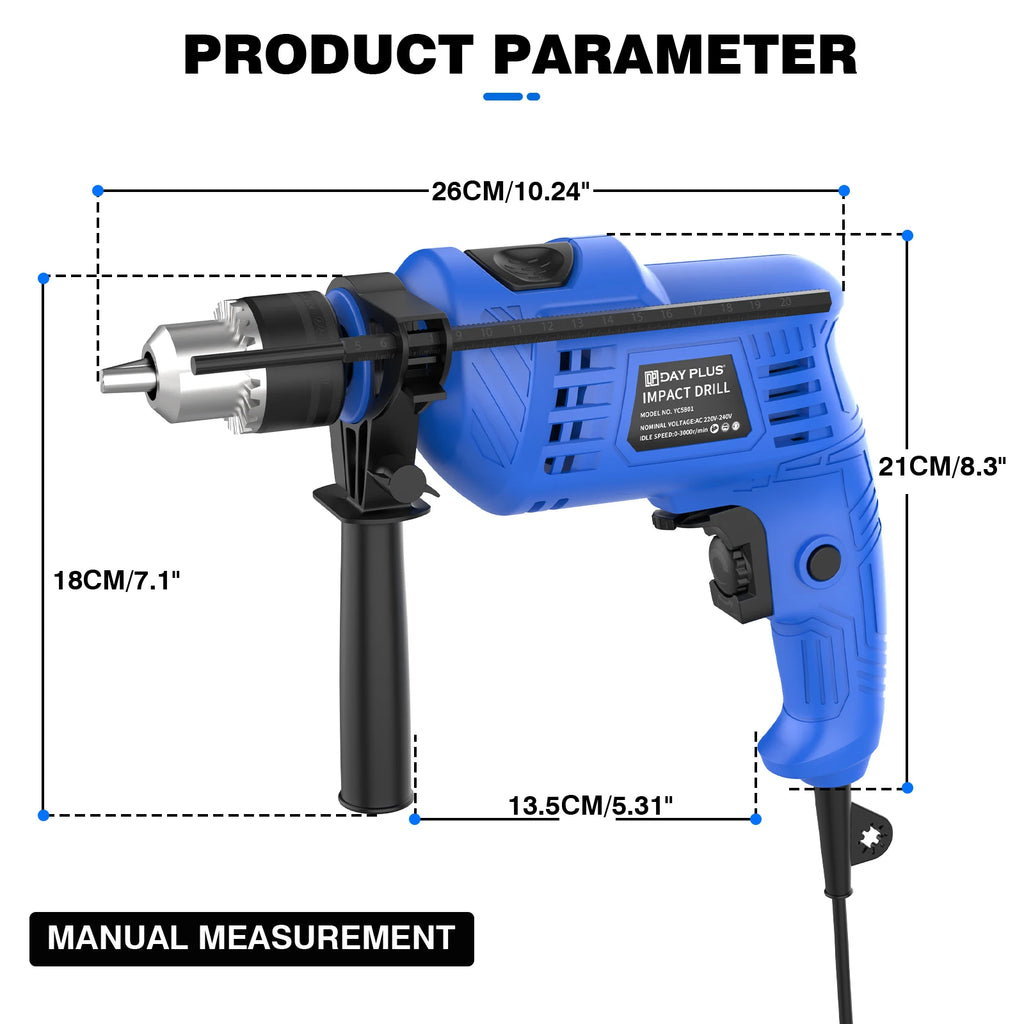 Electric Corded Impact Drill 2-in-1 Function 850W Hammer Drill, 0-3000 RPM Variable Speed Hammer Drill with 360° Rotating Handle, Powerful Drilling for Concrete, Wood, Steel, Stones