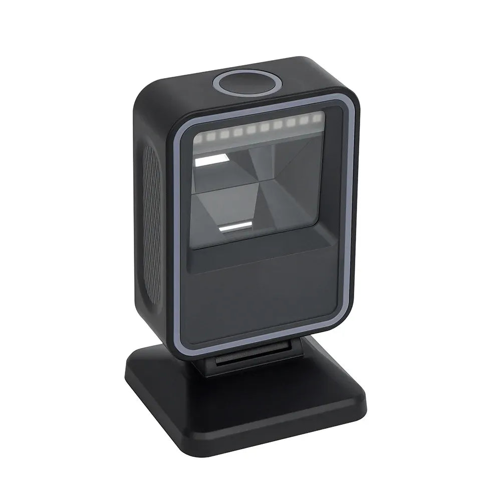Desktop barcode scanner angled view with top circular sensor and scan window, black