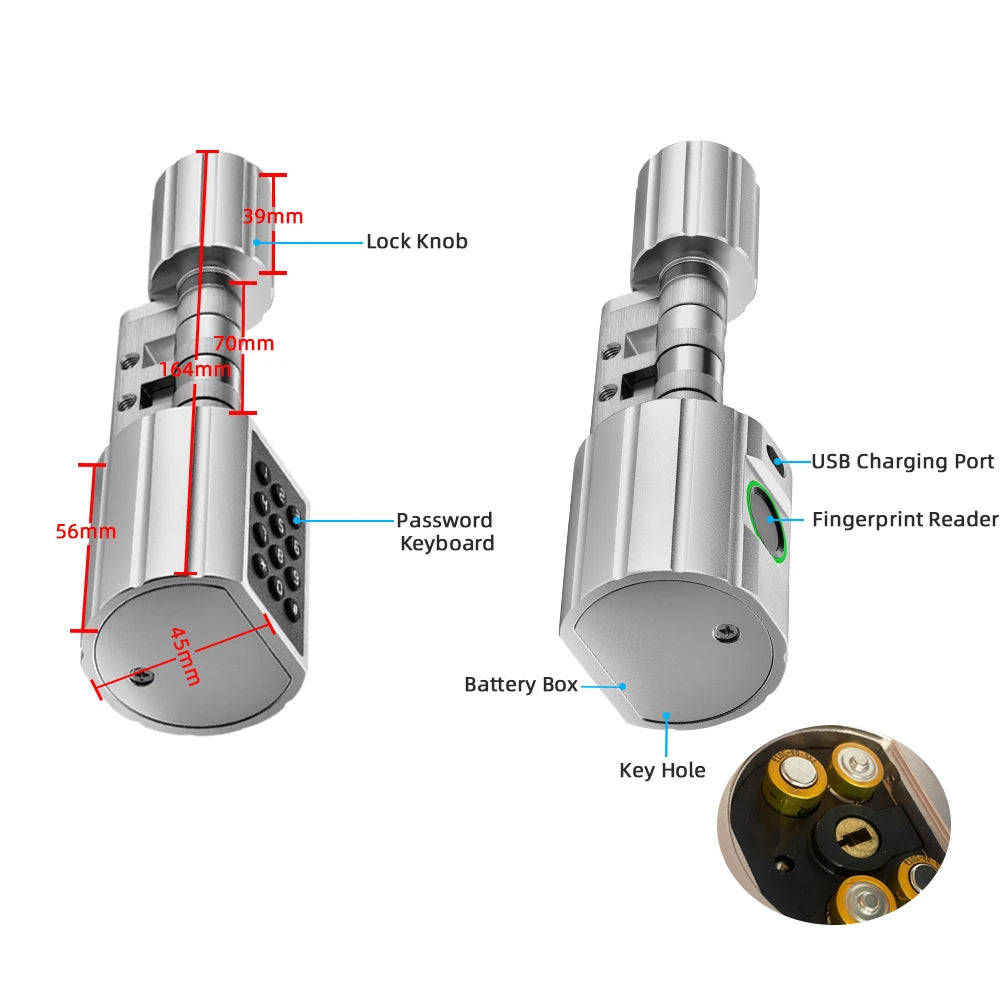 RAYKUBE L12 Tuya BLE Fingerprint Cylinder Electric Digital Door Lock With Waterproof Silicone Cover Password/Key/Tuya APP Unlock