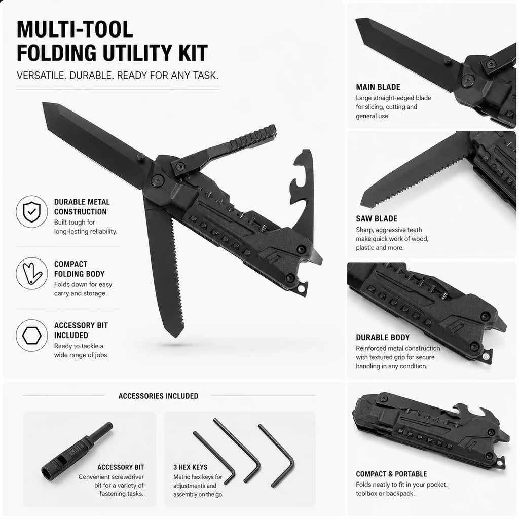 Folding Multi Tool with Utility Blade Saw Screwdriver Bit Hex Key Set Portable Outdoor Camping Repair Hand Tool