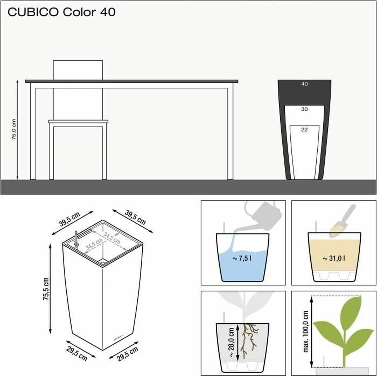 Black planter bucket dimensions diagram: 40 x 40 x 75 cm