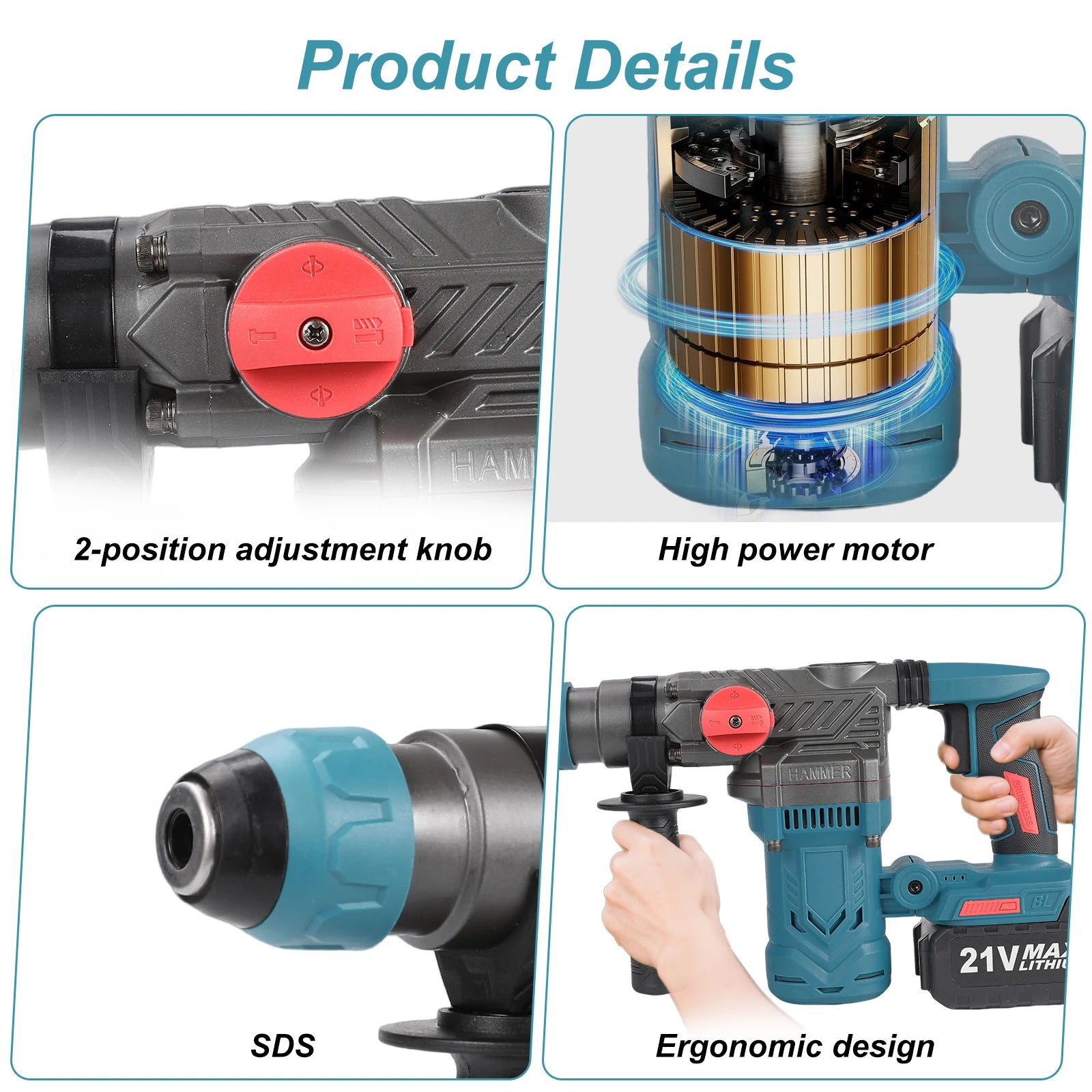Brushless Electric Hammer Drill Multi-function Rotating Power Screwdriver 26MM Wireless Hammer Drill Tool Compatible with Makita 21V Battery
