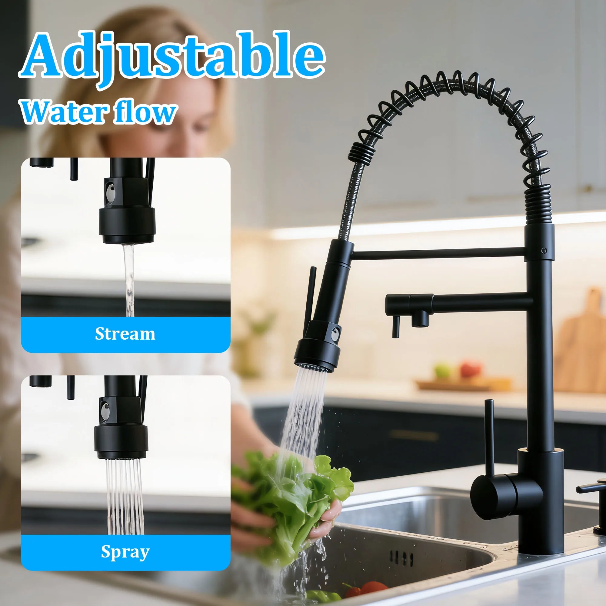 Multi-Function Pull-out Kitchen Sink Faucet, Full Dual-Direction Rotatable Swivel Spout, Premium Kitchen Mixer Faucet with Stable Hot and Cold Water Mixing, Detachable Pull Down Spray Head Kitchen Tap for Household Kitchen Us