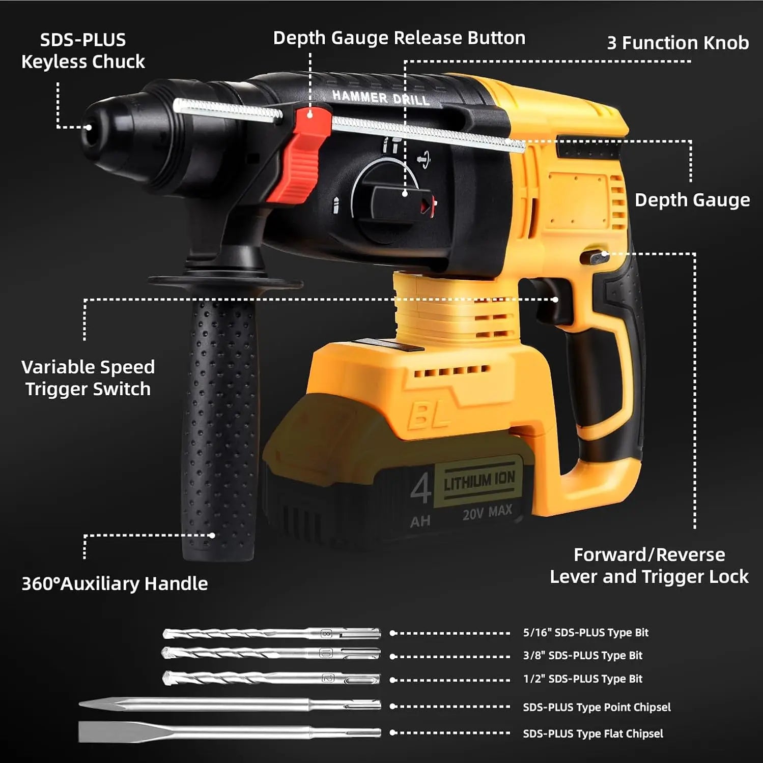 26MM Brushless Electric Hammer Drill Cordless Rotary Hammer High Power Rechargeable Power Tool Multifunctional Impact Drill for Concrete Wood Metal Compatible with Dewalt 18V Battery Home Workshop Construction Use