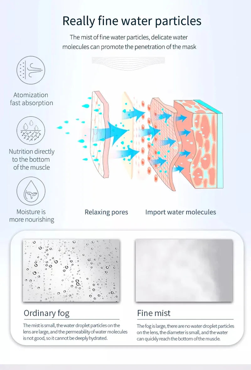Infographic showing ozone facial steamer fine mist absorption into skin layers for deep hydration and pore relaxation.