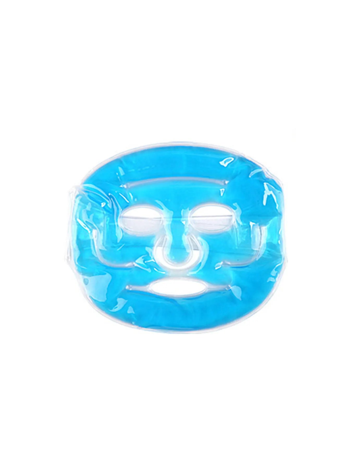 Blue gel face mask for cold or hot therapy with cutouts for eyes, nose, and mouth, isolated on a white background.