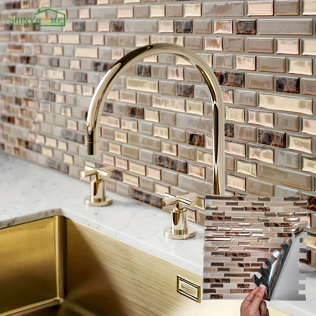 1/10/30 Sheets Gold Mosaic Self-Adhesive Wall Tiles Kitchen Backsplash Bathroom Home Wall DIY Decoration 11.8" x 12"