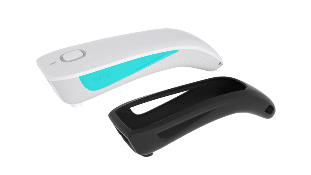 Two-tone barcode scanner charging base, white top and black cradle