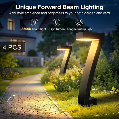 Black number 7 shaped LED solar pathway lights casting warm light along a stone walkway.