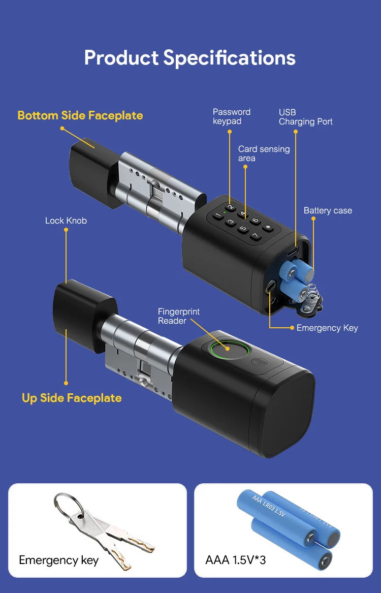 Euro TTLock APP Fingerprint or Code Password Digital RFID Card Cylinder Smart Door Lock Electronic with Alexa Google Home