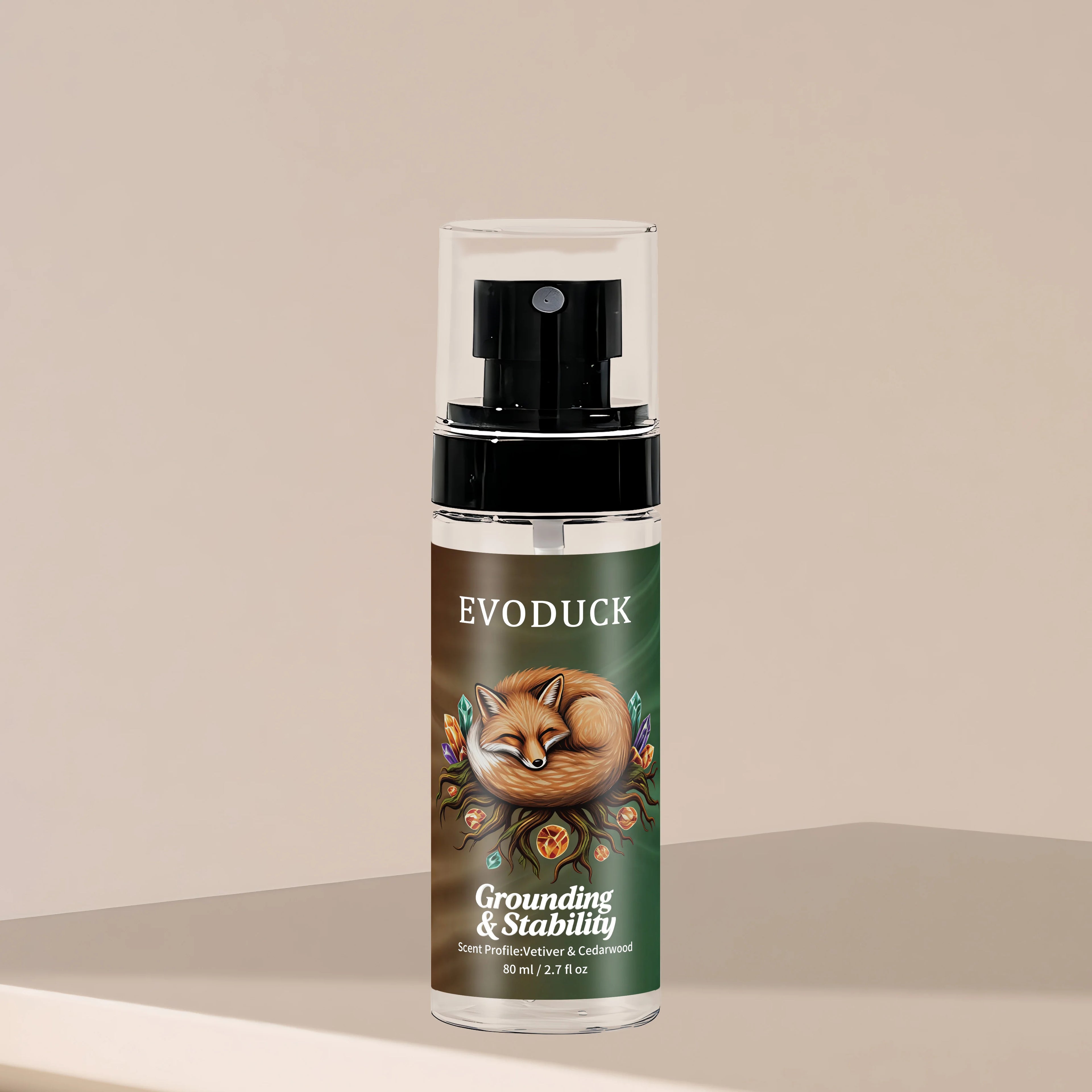 Evoduck Grounding & Stability spray in an 80ml clear pump bottle with a fox and crystal graphic on a two-tone label.