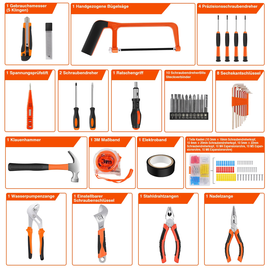 Manual Toolbox Household Tool Set with tools box, Pliers Hammer screwdriver Saw Measure Tape, Repair tools for furniture Assembly & Electrical Work