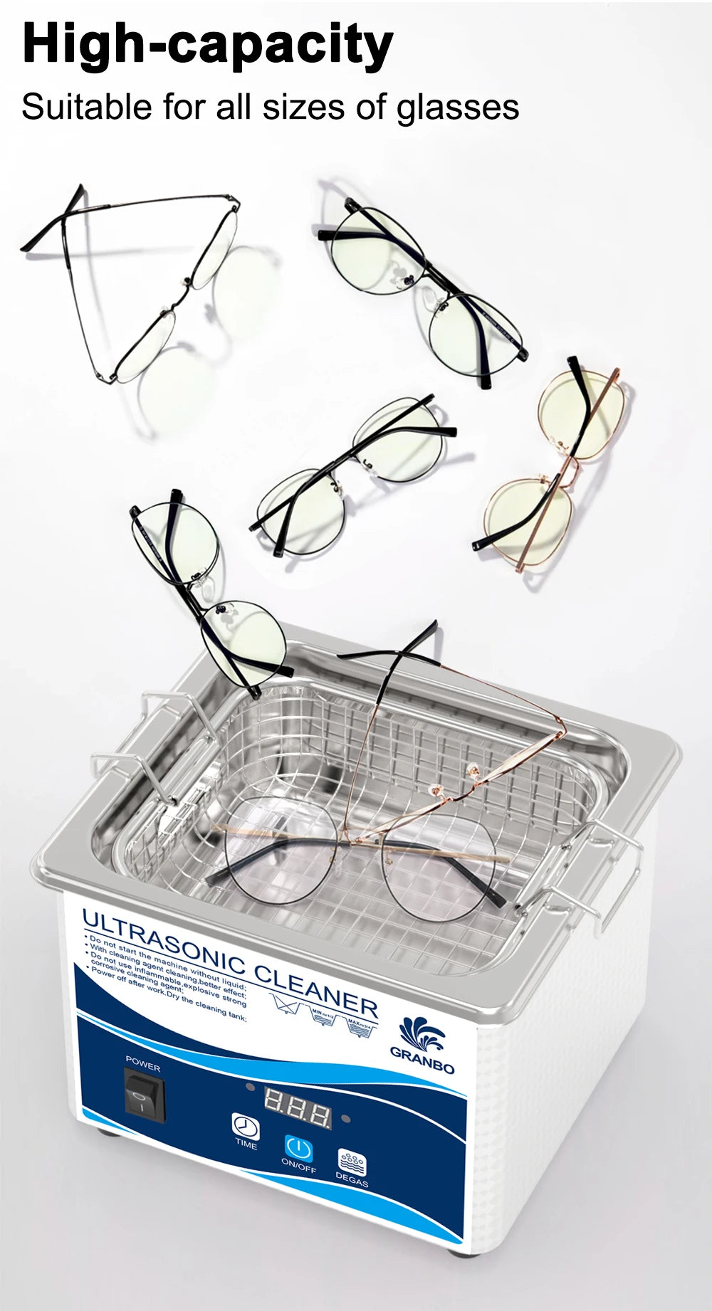 Tidesmit 1L ultrasonic cleaner showing digital timer display and stainless steel tank for jewellery and glasses