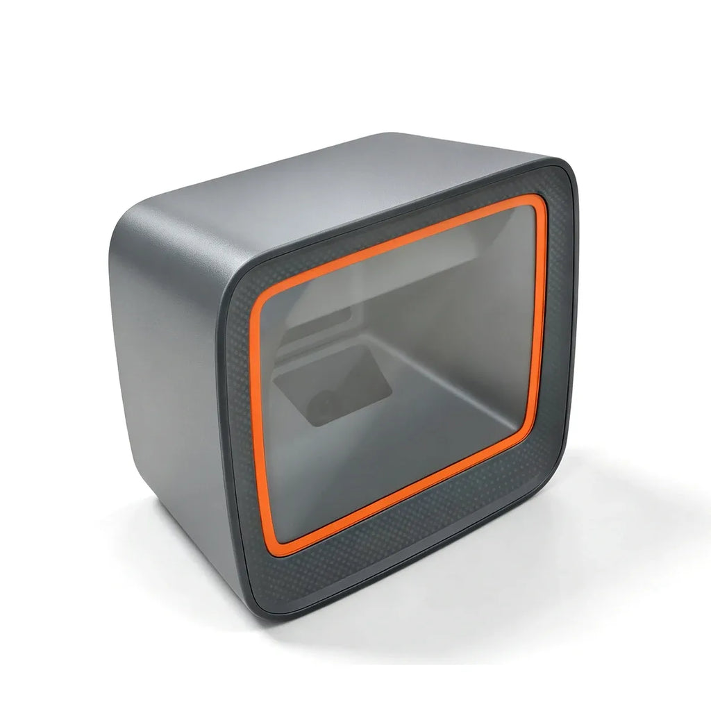 Desktop barcode scanner 3/4 front view, dark gray with orange border
