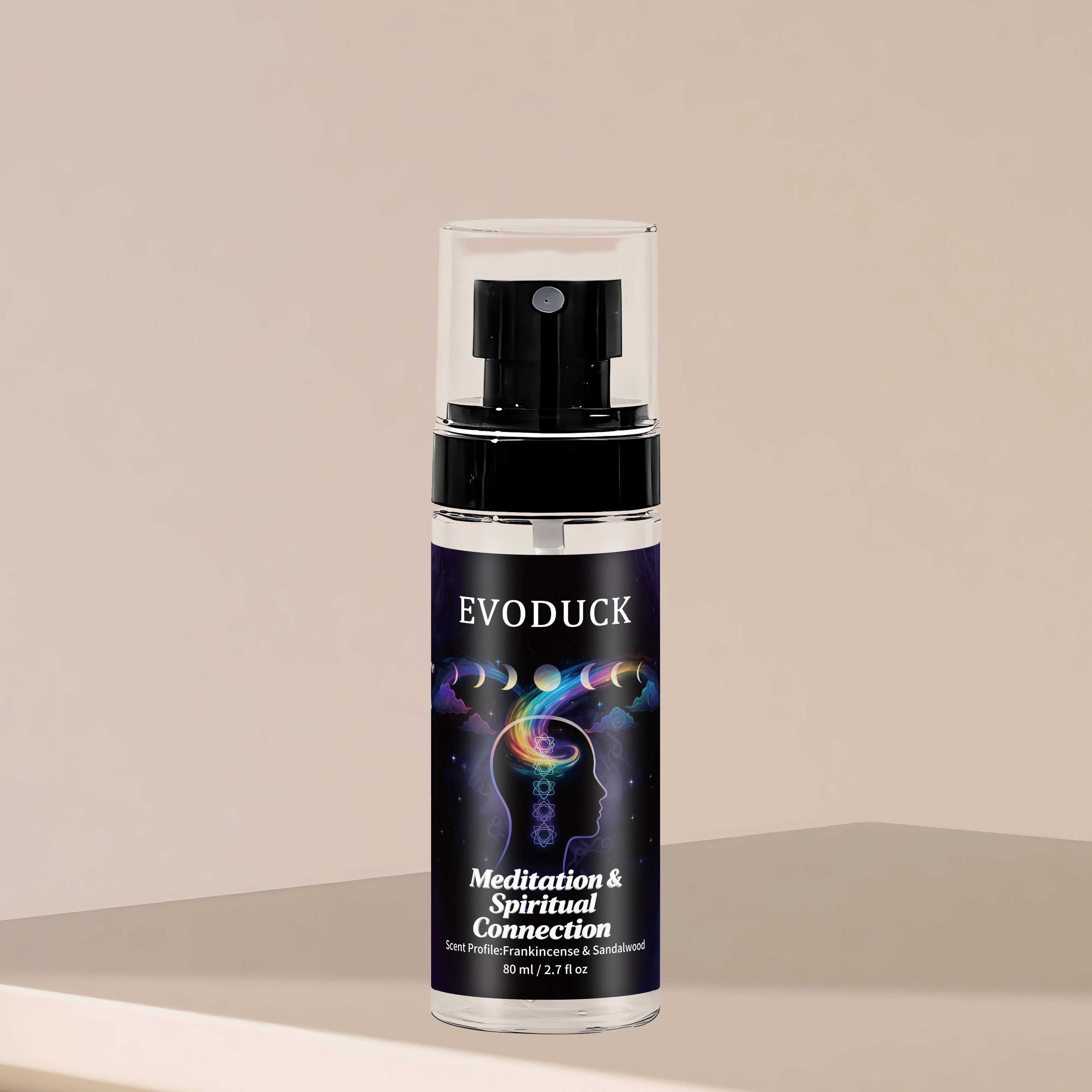 Evoduck Meditation & Spiritual Connection 2.7oz body mist. Frankincense & Sandalwood fragrance in a sleek travel bottle.
