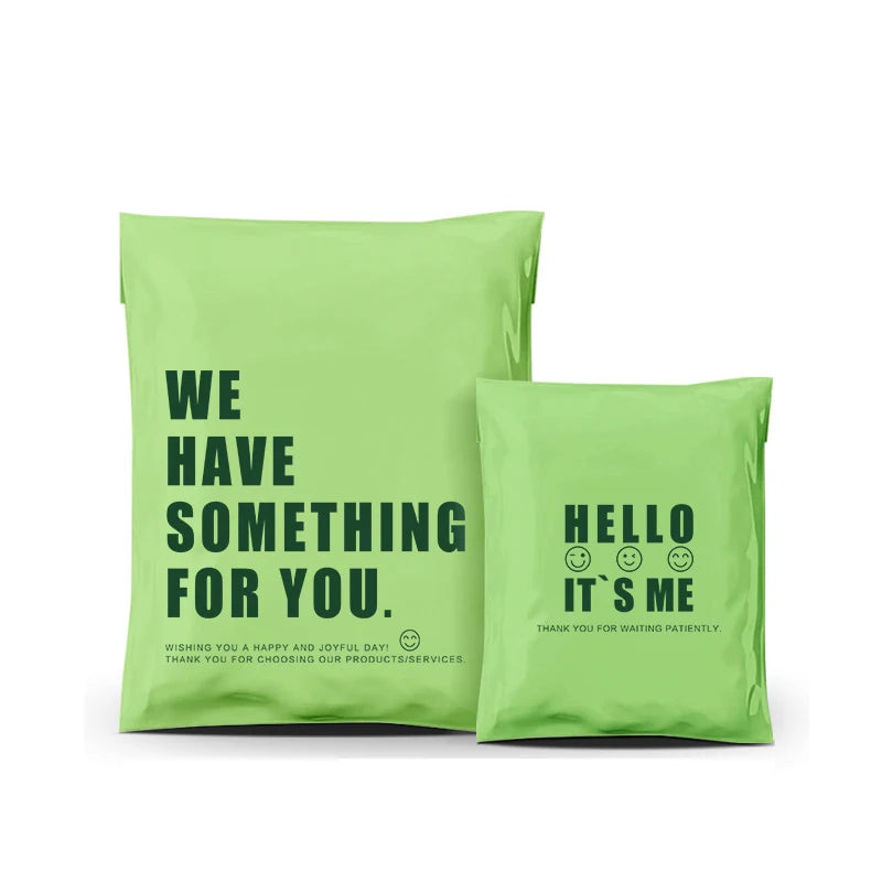 Green biodegradable poly mailer bags with printed message text