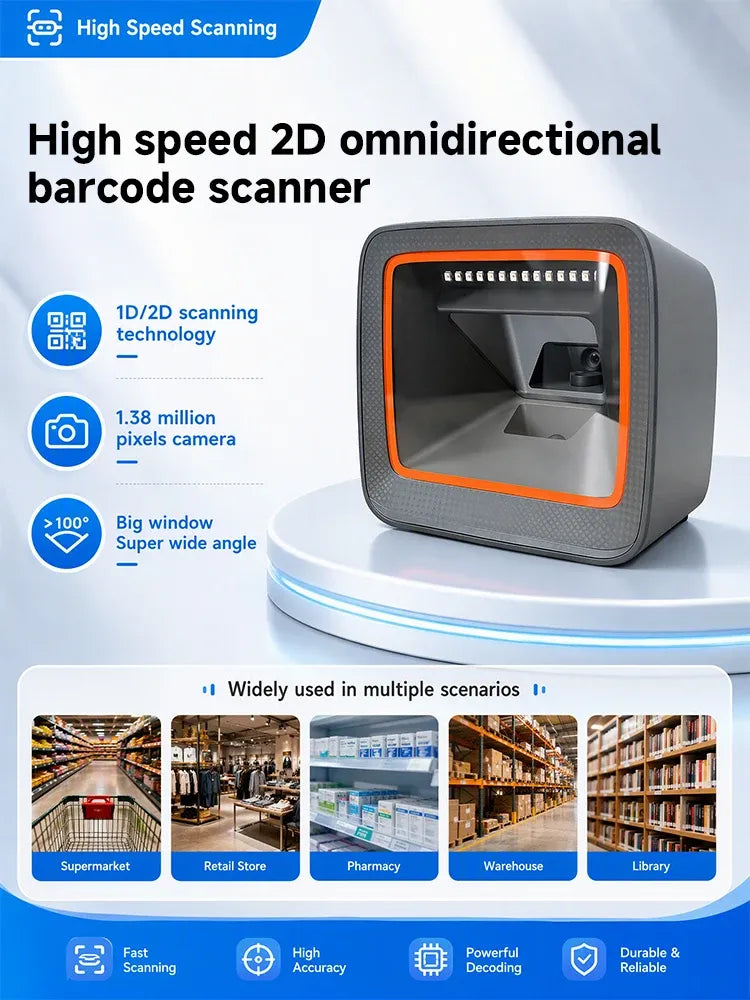 Compact 2D omnidirectional barcode scanner with orange-trimmed front scan window