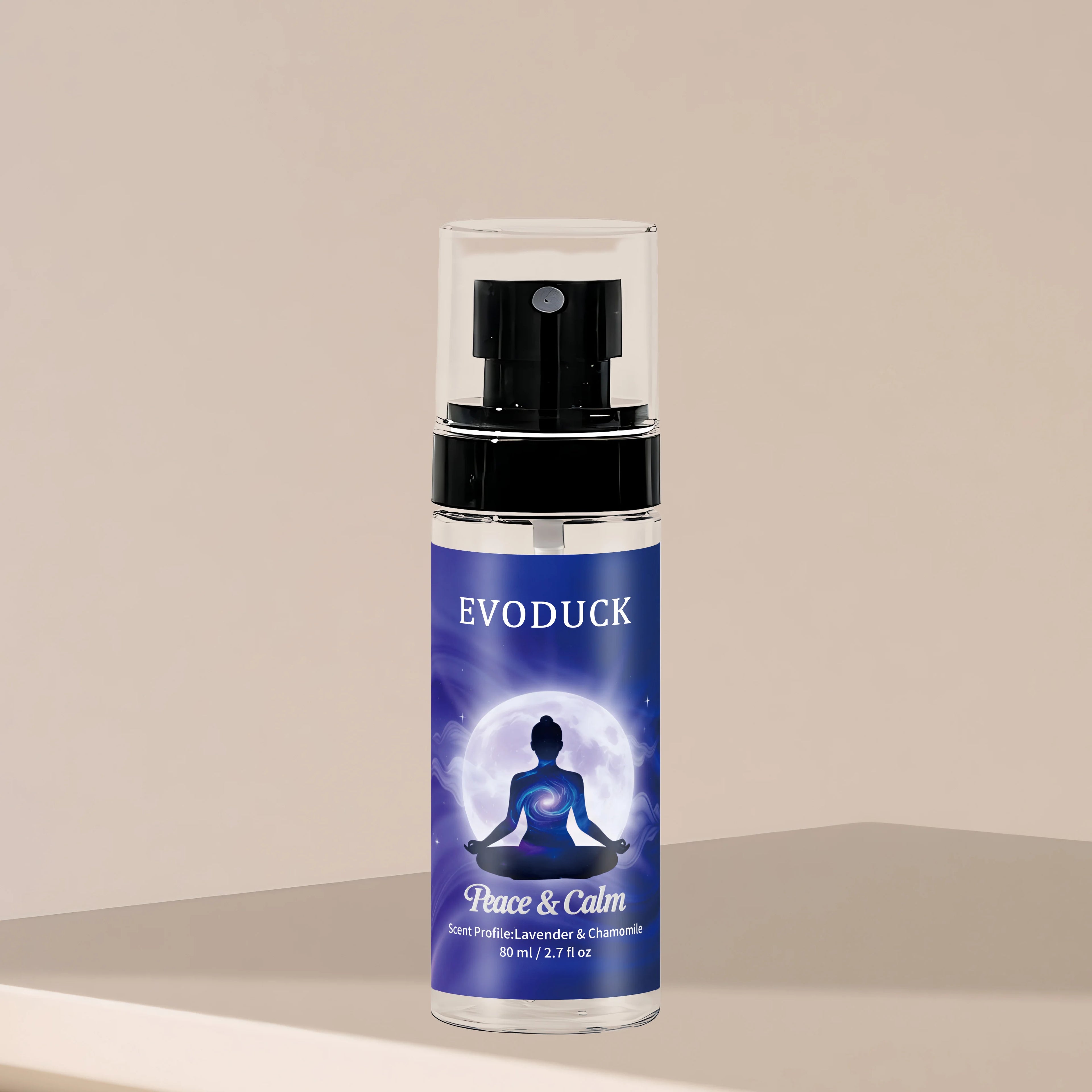 Evoduck Peace & Calm body spray: Lavender & Chamomile mist for women in a 2.7 oz travel-size pump bottle.