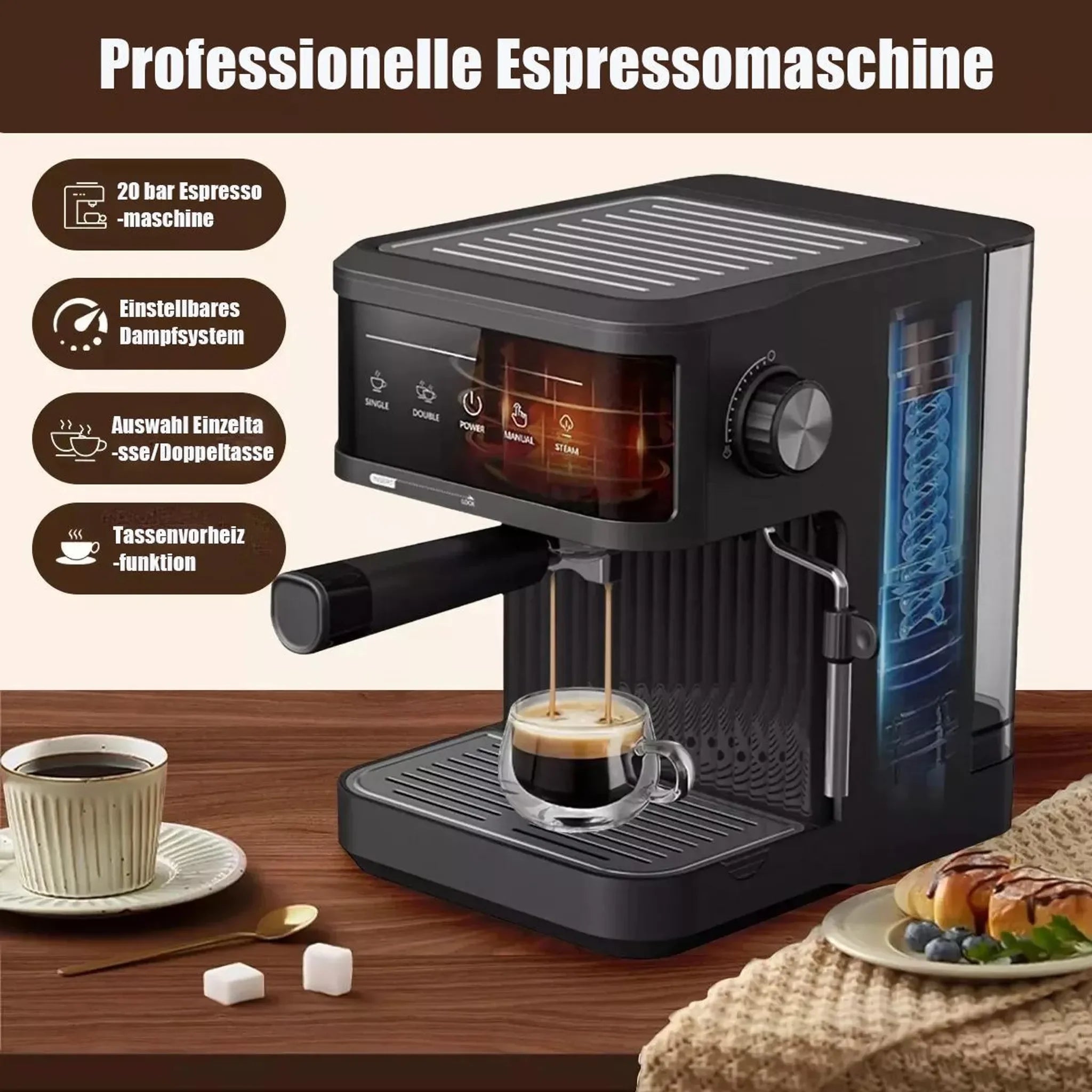 Black 20-bar professional espresso machine with steam wand and digital touch display pouring coffee into a glass cup.