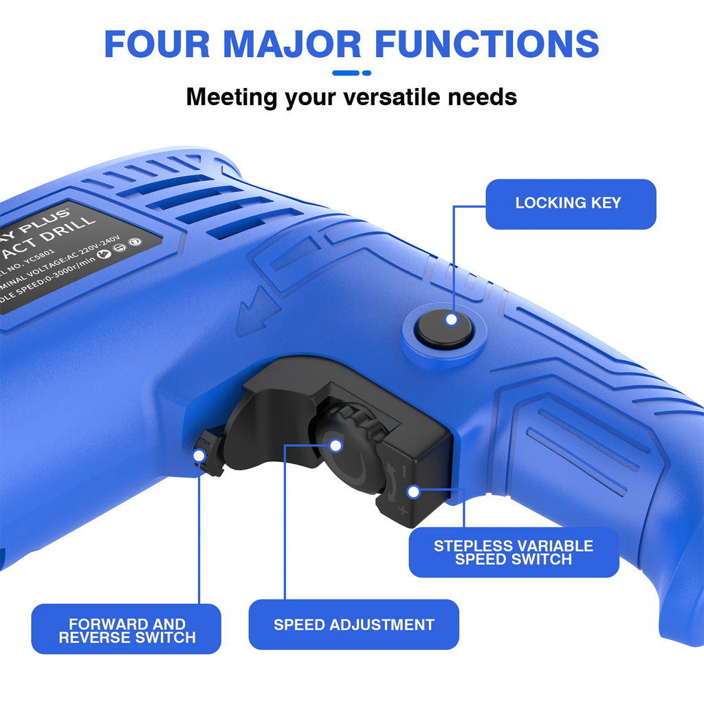 Electric Corded Impact Drill 2-in-1 Function 850W Hammer Drill, 0-3000 RPM Variable Speed Hammer Drill with 360° Rotating Handle, Powerful Drilling for Concrete, Wood, Steel, Stones