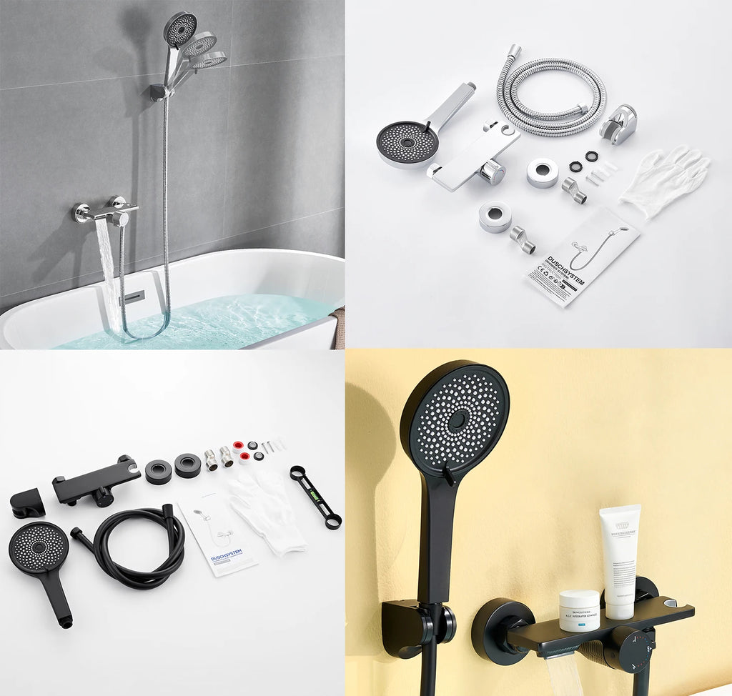 Bathtub Shower Faucet, Wall-mounted Bathtub Mixer Taps with 5-Mode Hand Shower, Hose and Wall Bracket, Black, Brass Body